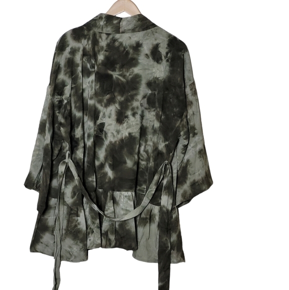 Olive Green Drop Shoulder Tie Dye Boho Open Kimono Lightweight Jacket Robe - Picture 4 of 11